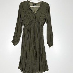 Soon Long Sleeve Midi Dress Womens Green V-Neck Tie Drawstring Front Size Medium